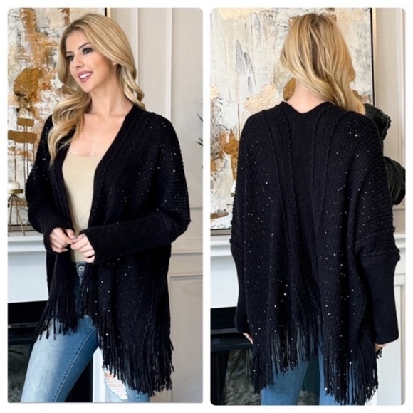 Sweaters - NEW Black Sequin & Fringe Cardigan